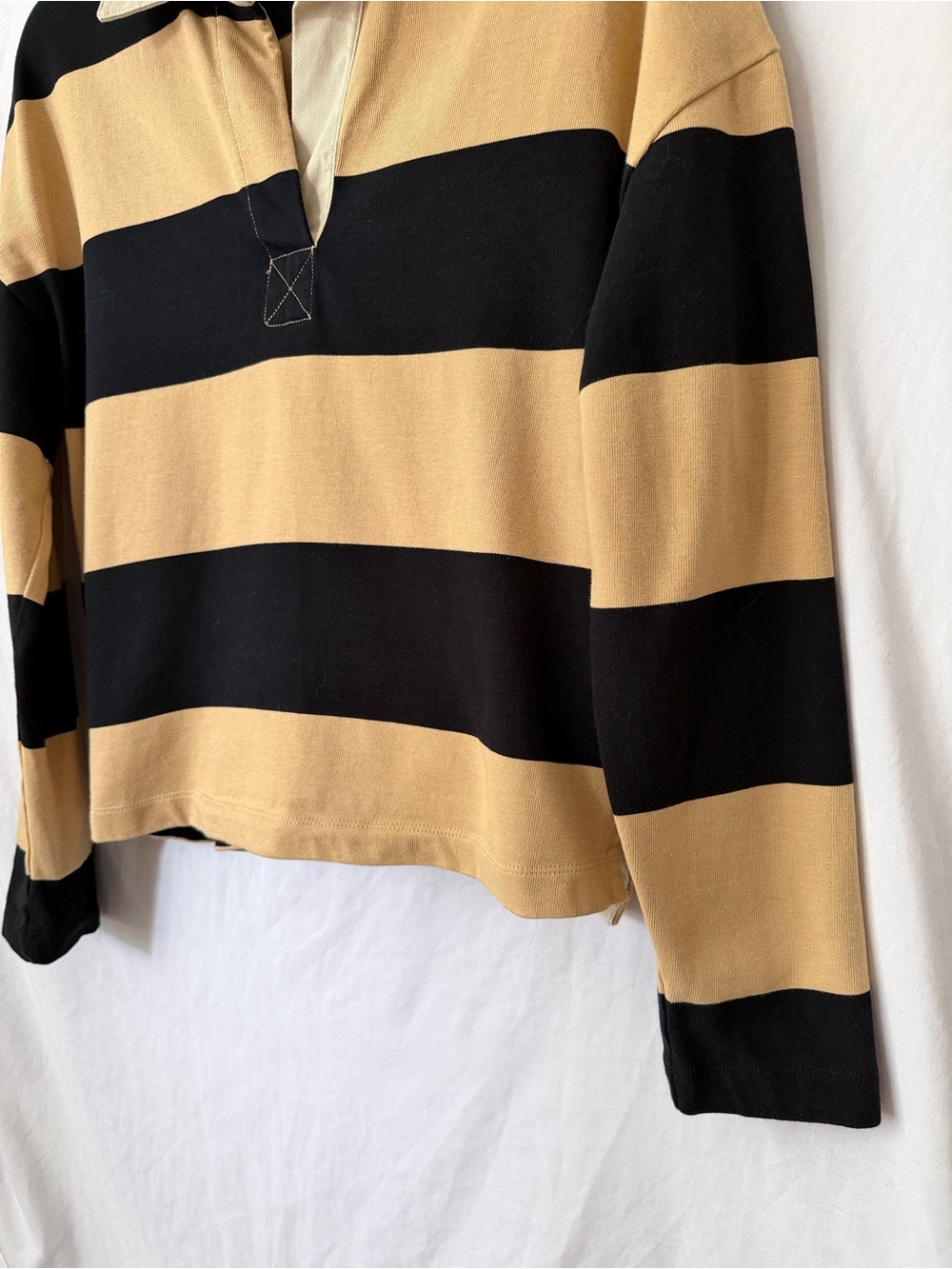 Classic Rugby Shirt Campus Style Cream Blue stripe collared top - Picture 3 of 6